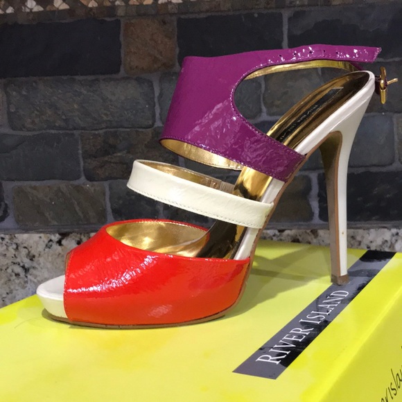 River Island heeled sandals red cream and purple - Picture 2 of 8